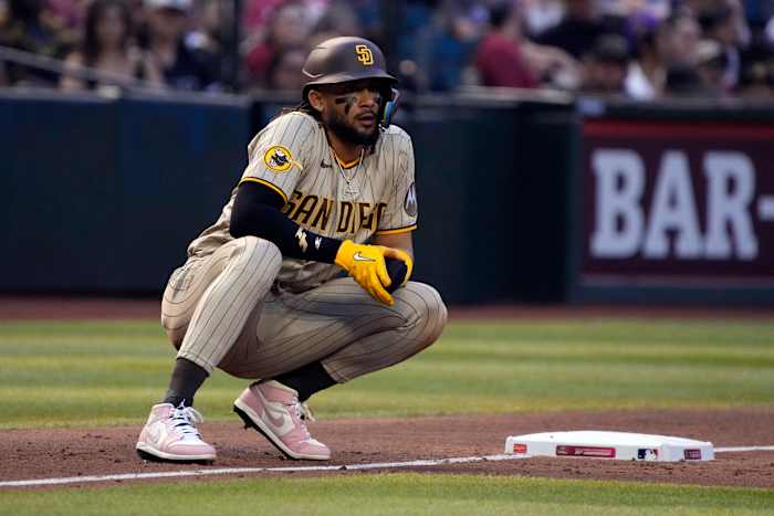 San Diego Padres outfielder Fernando Tatis Jr. leads off third base during a game.