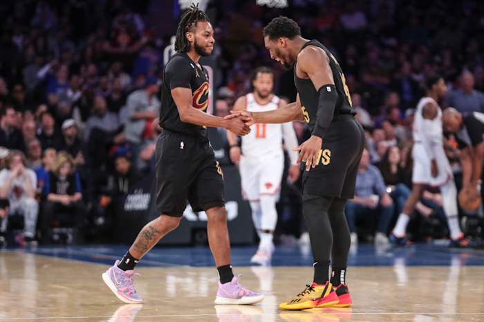 Apr 23, 2023; New York, New York, USA; Cleveland Cavaliers guards Darius Garland (10) and Donovan Mitchell (45) celebrate after a timeout is called by the New York Knicks during game four of the 2023 NBA playoffs at Madison Square Garden. Mandatory Credit: Wendell Cruz-USA TODAY Sports