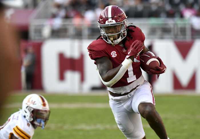 Sep 17, 2022; Tuscaloosa, Alabama, USA; Alabama Crimson Tide running back Jahmyr Gibbs (1) runs the ball for a touchdown against the UL Monroe Warhawks at Bryant-Denny Stadium. Alabama won 63-7. Mandatory Credit: Gary Cosby Jr.-USA TODAY Sports