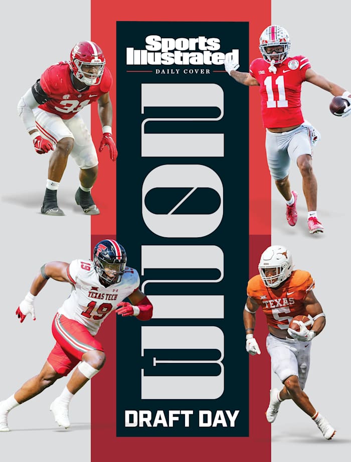 A collage of Will Anderson Jr., Bijan Robinson, Jaxon Smith-Njigba and Tyree Wilson in front of text that says Draft Day 2023