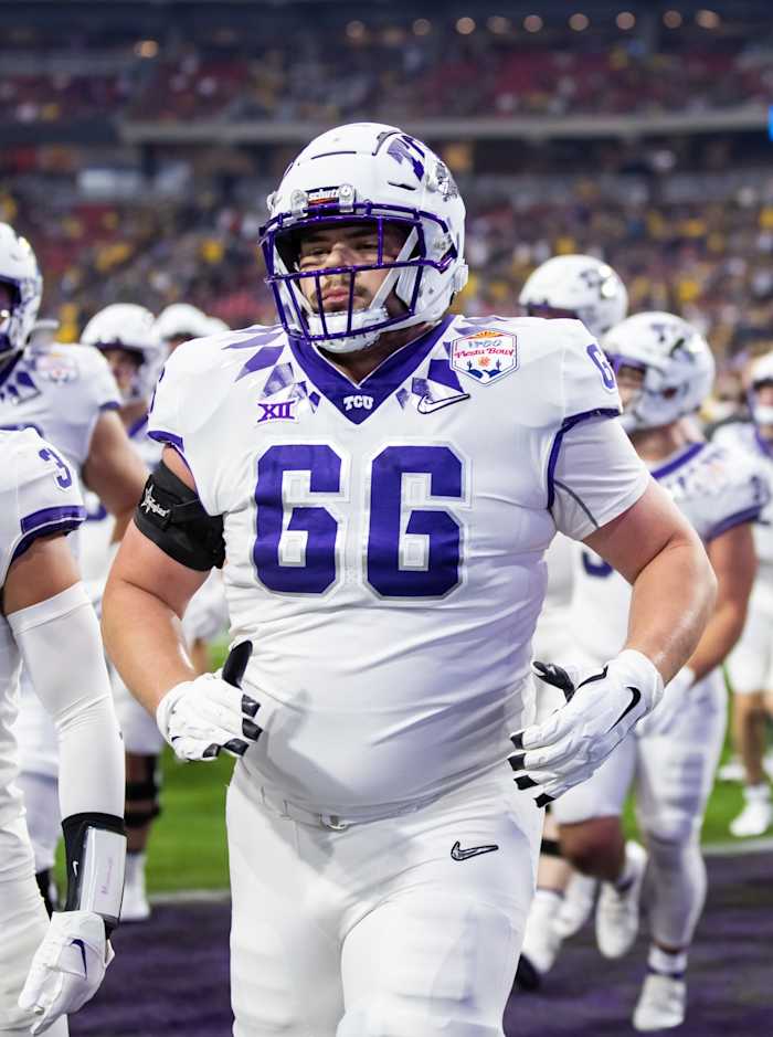 TCU Horned Frogs offensive lineman Noah Bolticoff (66) against the Michigan Wolverines during the 2022 Fiesta Bowl at State Farm Stadium.