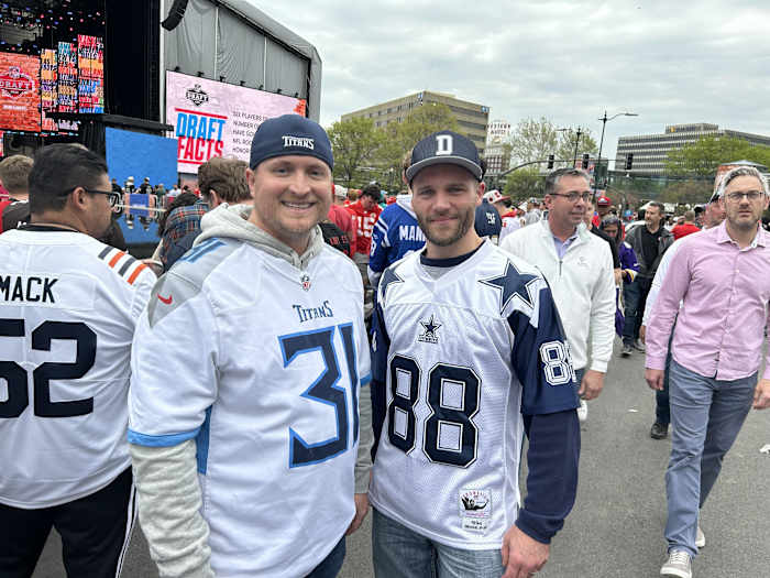 Rick Mooberry (left) is a Titans fan from Cedar Rapids, Iowa, so driving down for the NFL Draft in Kansas City was an easy choice. He came down with his friend Brandon Dalecky, who's a Dallas Cowboys fan. (AllTitans.com photo by Tom Brew)