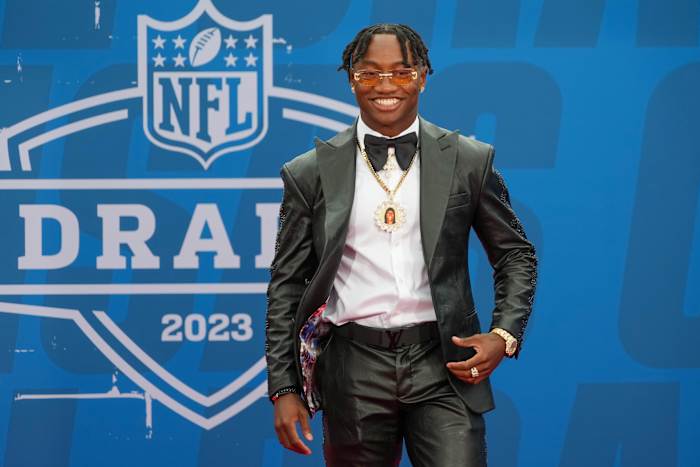 Boston College wide receiver Zay Flowers walks the NFL Draft Red Carpet before the first round of the 2023 NFL Draft at Union Station.
