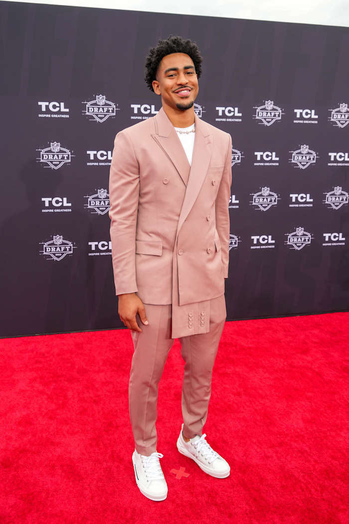 Alabama quarterback Bryce Young poses for a photo on the NFL Draft Red Carpet before the first round of the 2023 NFL Draft at Union Station.