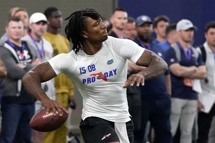 Florida quarterback Anthony Richardson throws a pass during an NFL football Pro Day.