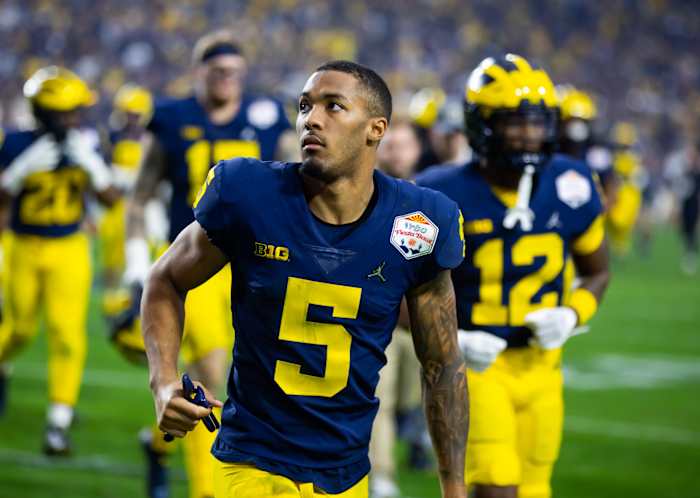 Dec 31, 2022; Glendale, Arizona, USA; Michigan Wolverines defensive back DJ Turner (5) against the TCU Horned Frogs in the 2022 Fiesta Bowl at State Farm Stadium. Mandatory Credit: Mark J. Rebilas-USA TODAY Sports