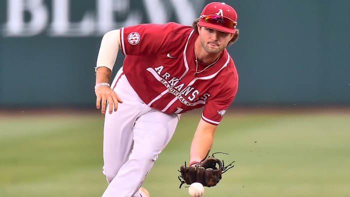 Razorbacks second baseman Peyton Stovall against Texas A&M on April 28, 2023