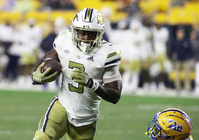 Oct 1, 2022; Pittsburgh, Pennsylvania, USA; Georgia Tech Yellow Jackets running back Hassan Hall (3) runs the ball against the Pittsburgh Panthers during the fourth quarter at Acrisure Stadium. Georgia Tech won 26-21. Mandatory Credit: Charles LeClaire-USA TODAY Sports