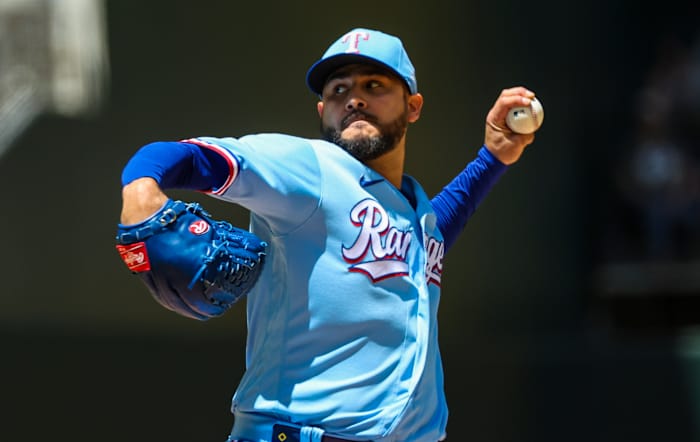 Apr 30, 2023; Arlington, Texas, USA; Texas Rangers starting pitcher Martin Perez (54) throws during the first inning against the New York Yankees at Globe Life Field. Mandatory Credit: Kevin Jairaj-USA TODAY Sports