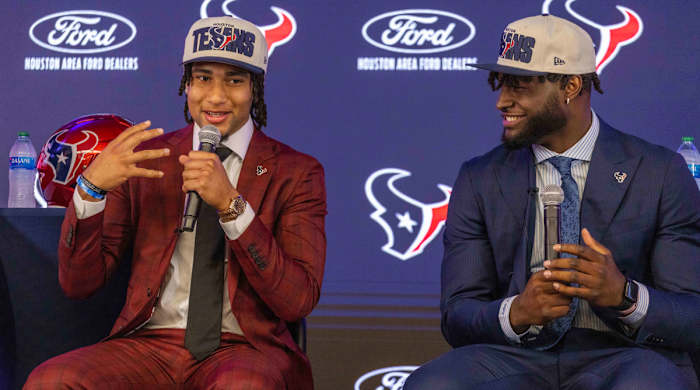 Houston Texans quarterback CJ Stroud (left), second overall pick in the 2023 NFL Draft, and Texans linebacker Will Anderson Jr., third overall pick in the 2023 NFL Draft, answer questions at a press conference