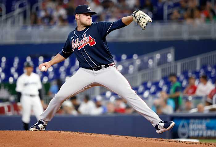 May 2, 2023; Miami, Florida, USA; Atlanta Braves starting pitcher Bryce Elder (55) pitches against the Miami Marlins during the first inning at loanDepot Park.