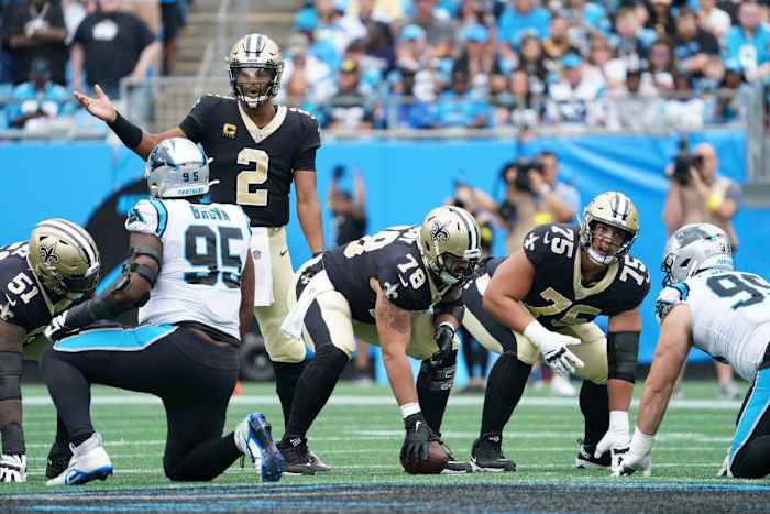 New Orleans Saints center Erik McCoy (78) and guard Andrus Peat (75) gets ready for the play against the Carolina Panthers. Mandatory Credit: James Guillory-USA TODAY Sports