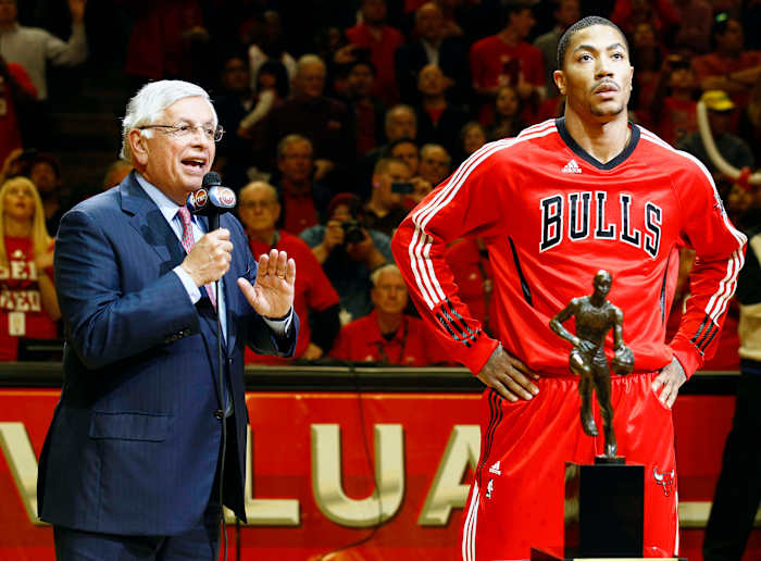 May 4, 2011; Chicago, IL, USA; NBA commissioner David Stern  presents the MVP trophy to Chicago Bulls point guard Derrick Rose