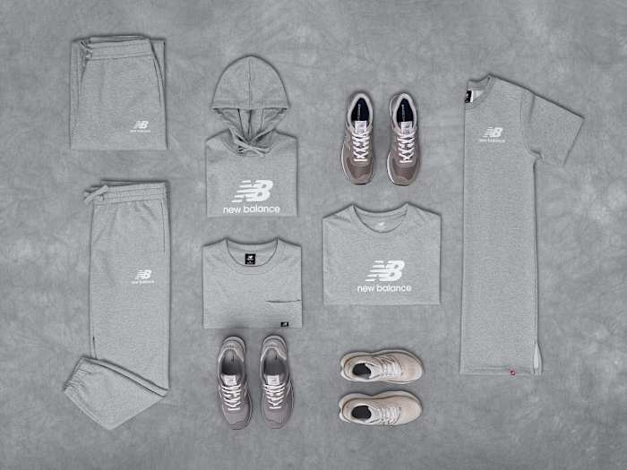 Overview of grey New Balance clothes and shoes.