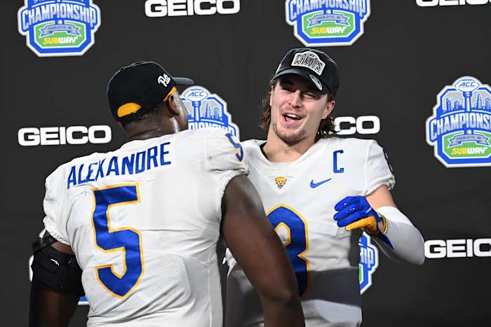 Pitt DE Deslin Alexandre and QB Kenny Pickett at ACC Championship Game