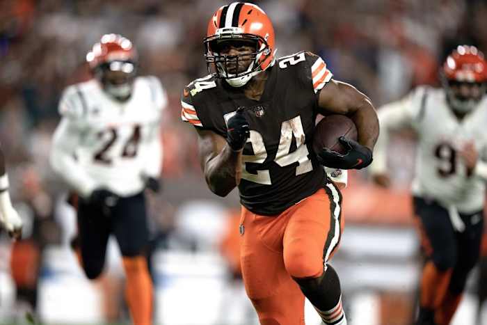 Oct 31, 2022; Cincinnati, OH, USA; Cleveland Browns running back Nick Chubb (24) carries the ball for a first down in the third quarter during an NFL Week 8 game against the Cincinnati Bengals, Monday, Oct. 31, 2022, at FirstEnergy Stadium in Cleveland. Mandatory Credit: Albert Cesare-USA TODAY Sports