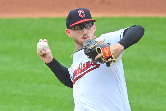May 8, 2023; Cleveland, Ohio, USA; Cleveland Guardians starting pitcher Tanner Bibee (61) delivers a pitch in the second inning against the Detroit Tigers at Progressive Field. Mandatory Credit: David Richard-USA TODAY Sports