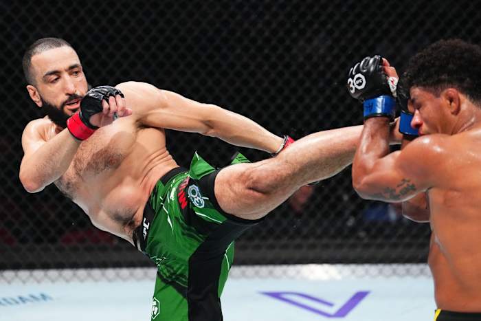Belal Muhammad throws a kick at Gilbert Burns during their UFC 288 bout inside the Prudential Center in Newark, New Jersey.