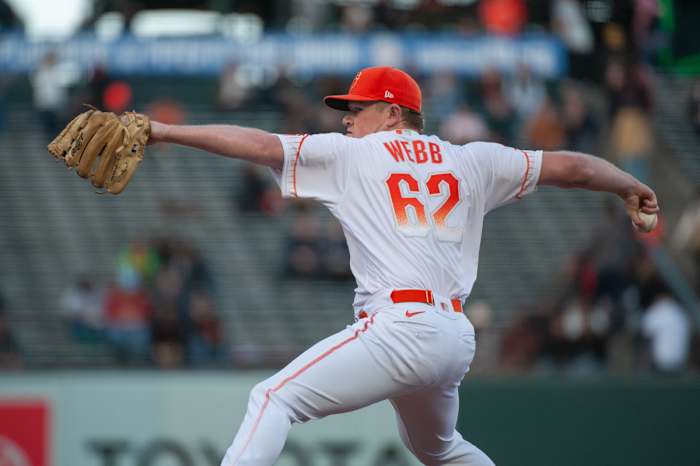SF Giants starting pitcher Logan Webb throws a pitch during the first inning against the Washington Nationals on May 9, 2023.