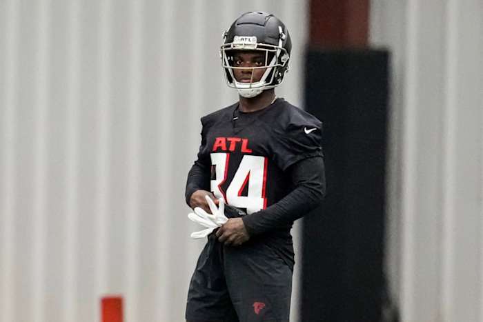 Atlanta Falcons cornerback Clark Phillips III at work during rookie minicamp.