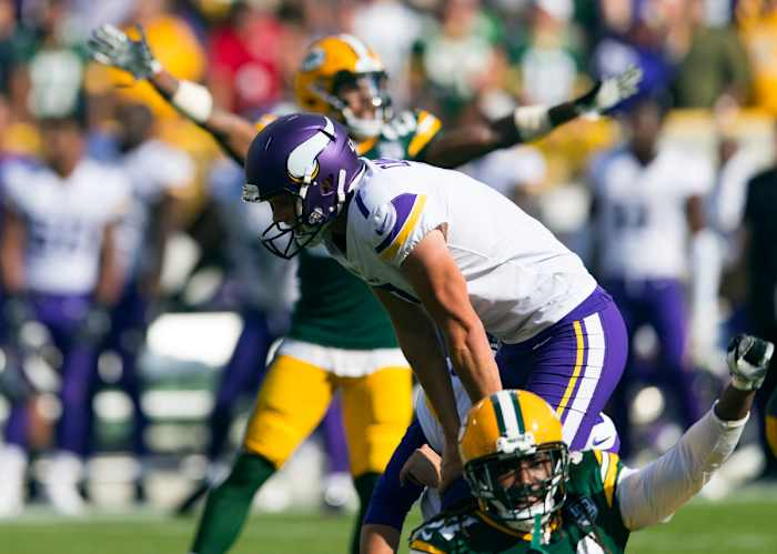 Daniel Carlson was out after missing three kicks at Lambeau Field in his second career game. (Photo by USA Today Sports Images)