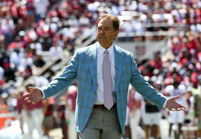 Apr 22, 2023; Tuscaloosa, AL, USA; Alabama head coach Nick Saban has some words for the Crimson defense after they allowed a long touchdown run during the A-Day game at Bryant-Denny Stadium.