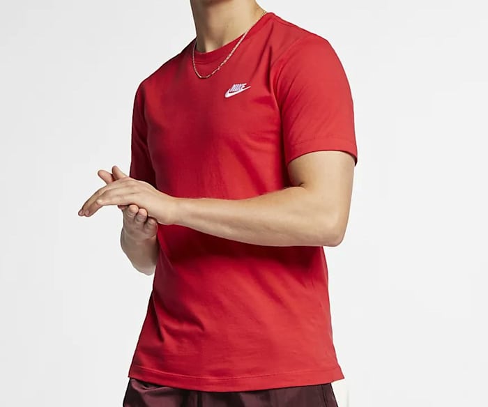View of red and white Nike t-shirt.