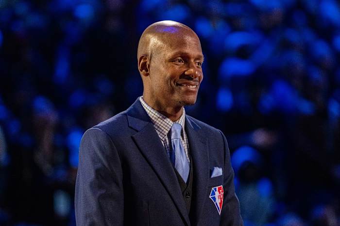 February 20, 2022; Cleveland, Ohio, USA; NBA great Ray Allen is honored for being selected to the NBA 75th Anniversary Team during halftime in the 2022 NBA All-Star Game