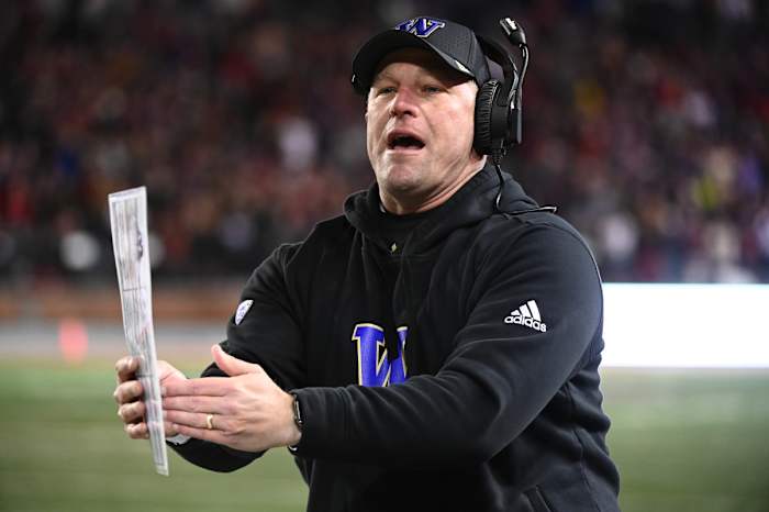 Nov 26, 2022; Pullman, Washington, USA; Washington Huskies head coach Kalen DeBoer calls a timeout during the first half against the Washington State Cougars at Gesa Field at Martin Stadium. Mandatory Credit: James Snook-USA TODAY Sports