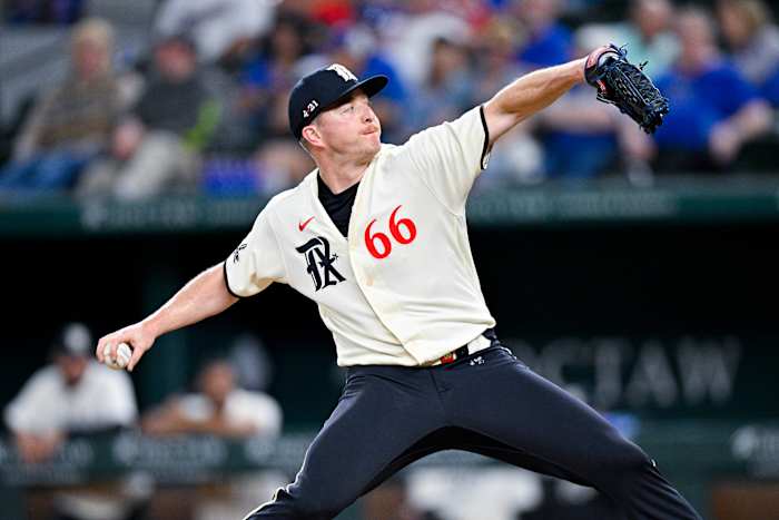 Apr 22, 2023; Arlington, Texas, USA; Texas Rangers relief pitcher Josh Sborz (66) pitches against the Oakland Athletics during the eighth inning at Globe Life Field. Mandatory Credit: Jerome Miron-USA TODAY Sports