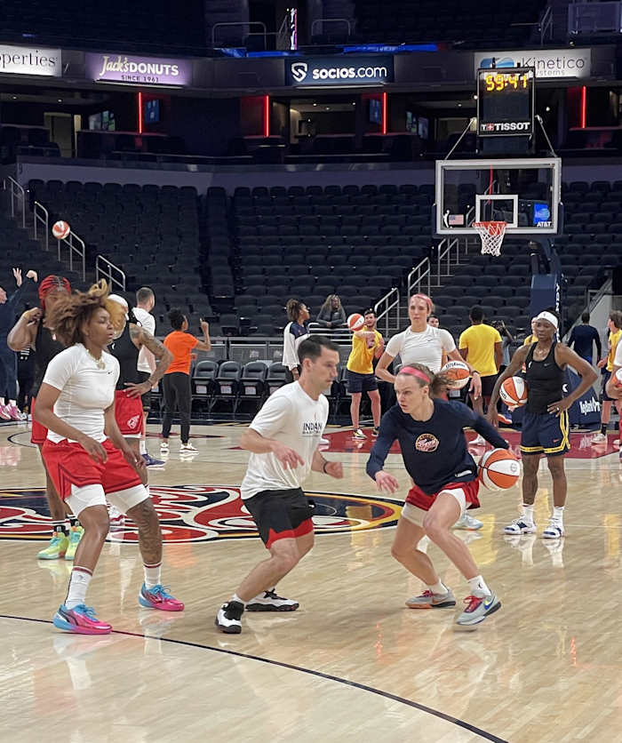 Grace Berger warms up before the Indiana Fever's opening night matchup versus the Connecticut Sun on Friday, May 19 at Gainbridge Fieldhouse.