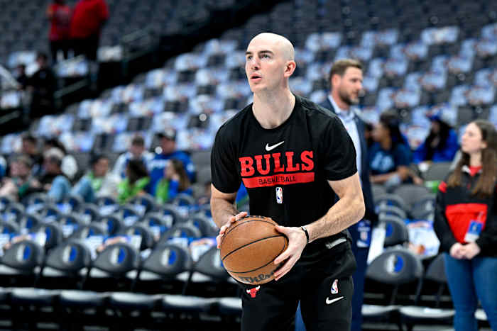 Apr 7, 2023; Dallas, Texas, USA; Chicago Bulls guard Alex Caruso warms up before the game against the Dallas Mavericks at the American Airlines Center.