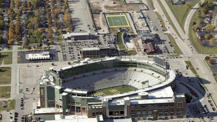 This aerial view of Lambeau Field and the Titletown District was taken in 2019. (Photo by USA Today Sports Images)