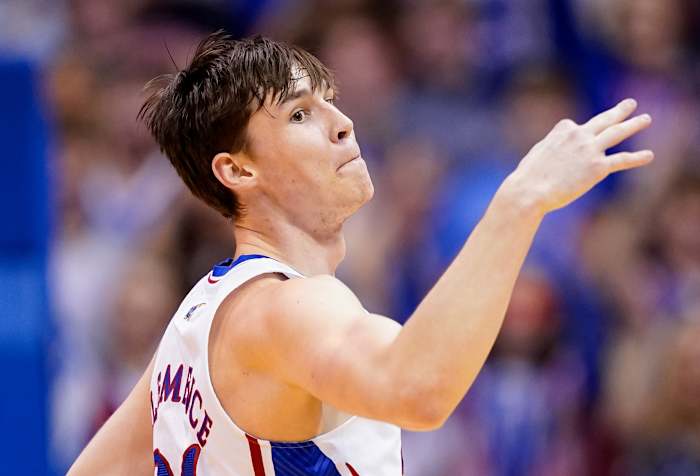 Jan 10, 2023; Lawrence, Kansas, USA; Kansas Jayhawks forward Zach Clemence (21) celebrates after scoring during the first half against the Oklahoma Sooners at Allen Fieldhouse. Mandatory Credit: Jay Biggerstaff-USA TODAY Sports