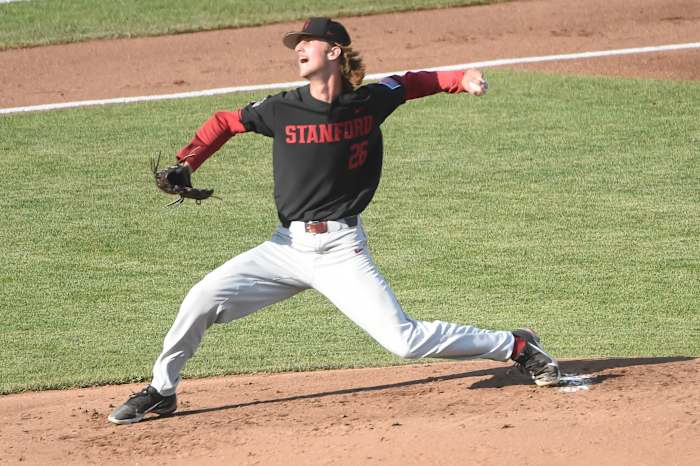 Jun 23, 2021; Omaha, Nebraska, USA; Stanford Cardinal pitcher Quinn Mathews (26) pitches in the first inning against the Vanderbilt Commodores at TD Ameritrade Park. Mandatory Credit: Steven Branscombe-USA TODAY Sports