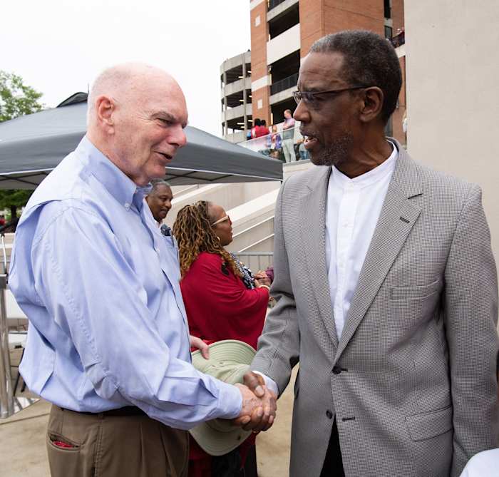 The University of Alabama honored its first two Black scholarship athletes, Wilbur Jackson and John Mitchell before the A-Day game at Bryant-Denny Stadium. Paul Bryant Jr. shakes hands with John Mitchell after the unveiling ceremony.
