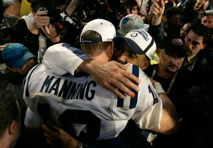 Feb 4, 2007; Miami, FL, USA; Indianapolis Colts quarterback Peyton Manning (18) celebrates with head coach Tony Dundy after the Indianapolis Colts defeated the Chicago Bears 29-17 in Super Bowl XLI at Dolphins Stadium.