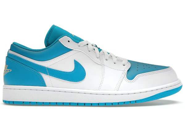 Side view of aqua and white Air Jordan shoe.