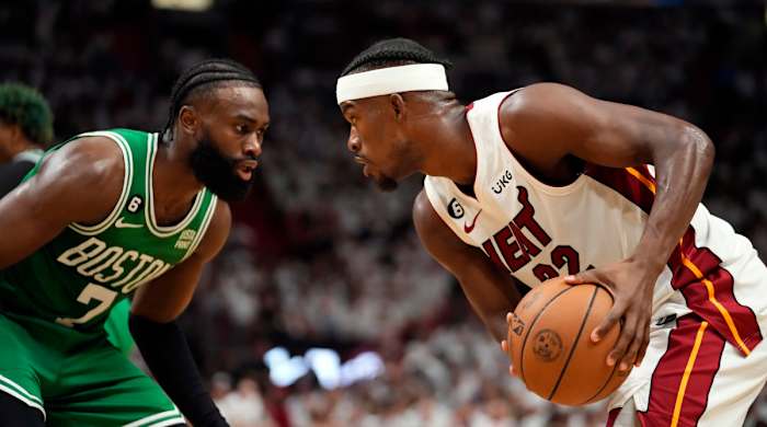 Jaylen Brown and Jimmy Butler squaring off