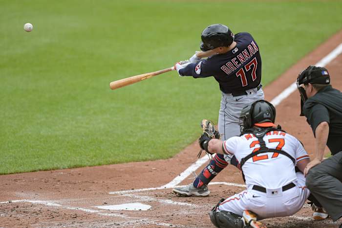 May 29, 2023; Baltimore, Maryland, USA; Cleveland Guardians right fielder Will Brennan (17) hits a second inning double off Baltimore Orioles starting pitcher Tyler Wells (not pictured) at Oriole Park at Camden Yards. Mandatory Credit: Tommy Gilligan-USA TODAY Sports