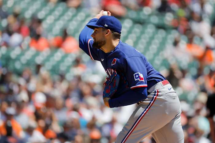 May 29, 2023; Detroit, Michigan, USA; Texas Rangers starting pitcher Nathan Eovaldi (17) pitches in the first inning against the Detroit Tigers at Comerica Park. Mandatory Credit: Rick Osentoski-USA TODAY Sports