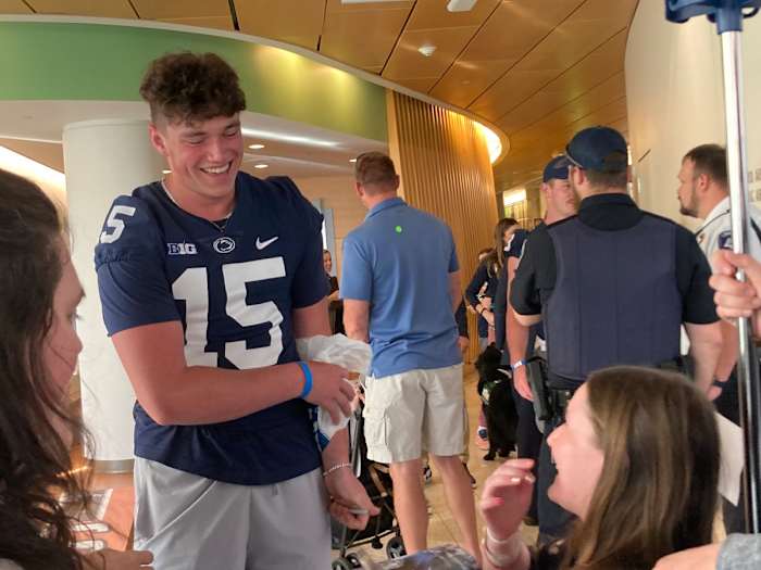 Penn State quarterback Drew Allar during a visit to Penn State Health Children's Hospital in Hershey.
