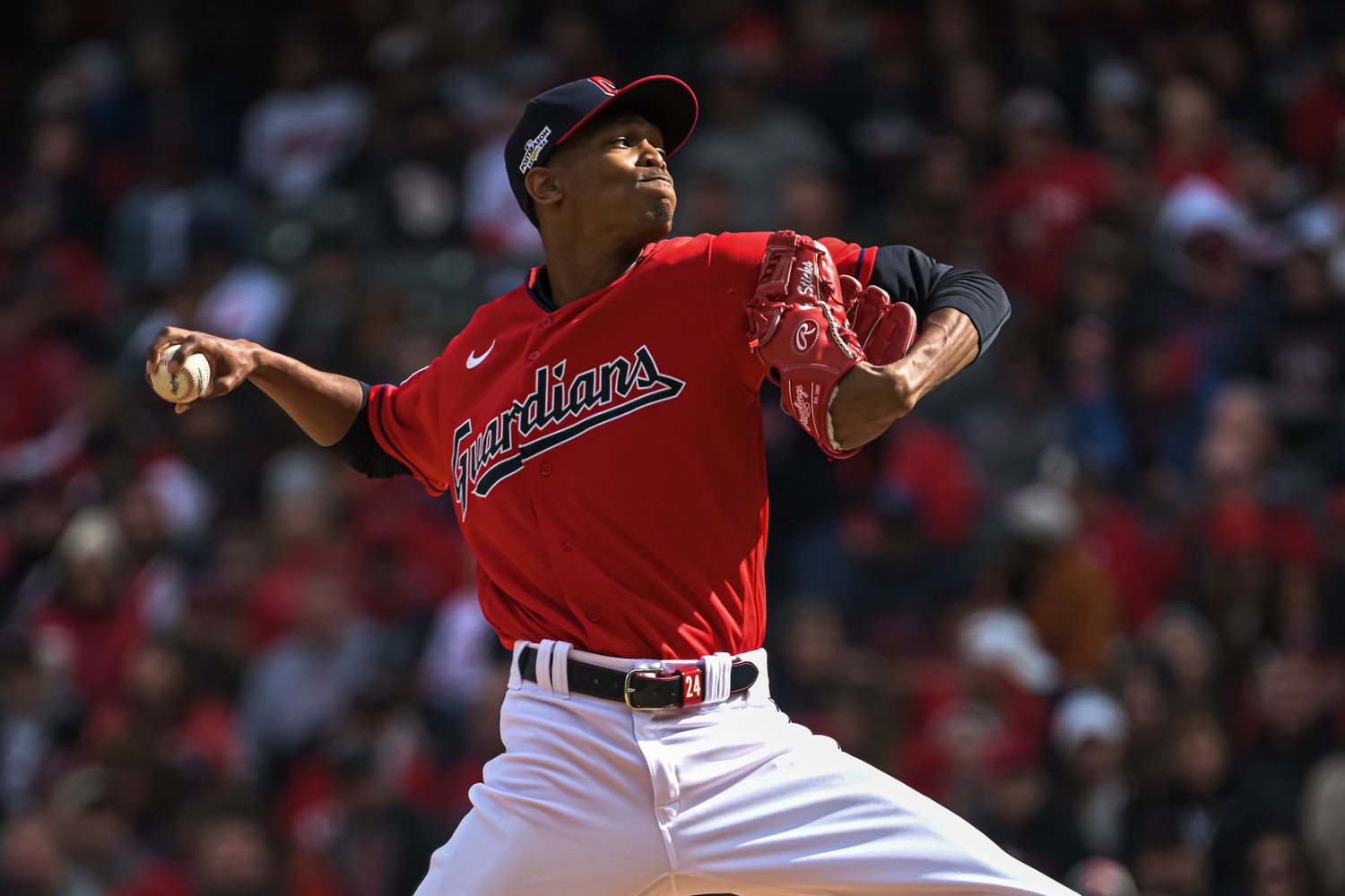 Oct 8, 2022; Cleveland, Ohio, USA; Cleveland Guardians starting pitcher Triston McKenzie (24) throws a pitch against the Tampa Bay Rays in the first inning during game two of the Wild Card series for the 2022 MLB Playoffs at Progressive Field. Mandatory Credit: Ken Blaze-USA TODAY Sports