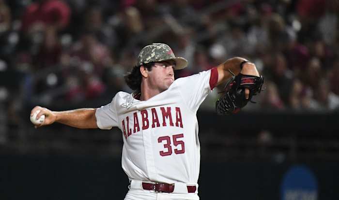 Alabama pitcher Luke Holman (35) was the starting pitcher against Nicholls at Sewell-Thomas Stadium in Tuscaloosa, Ala., Friday June 2, 2023, in the first round of the NCAA Regional Baseball Tournament.
