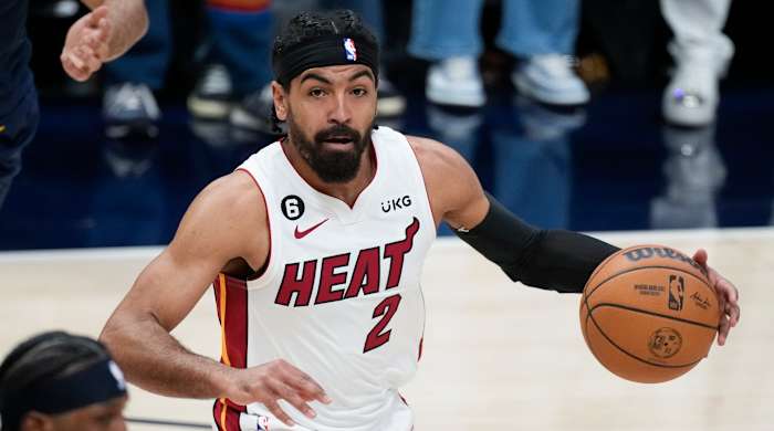 Heat guard Gabe Vincent dribbles during Game 2 of NBA Finals