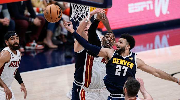 Denver Nuggets’ Jamal Murray playing againdt the Miami Heat in Game 2 of the 2023 NBA Finals.