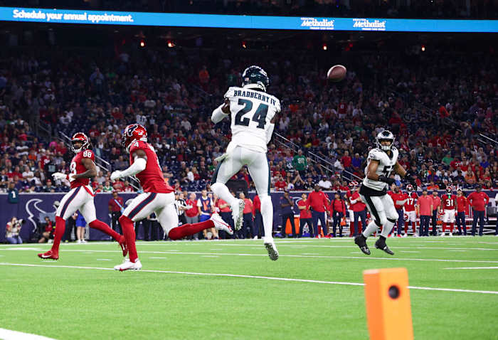 James Bradberry jumps in the air to catch the ball