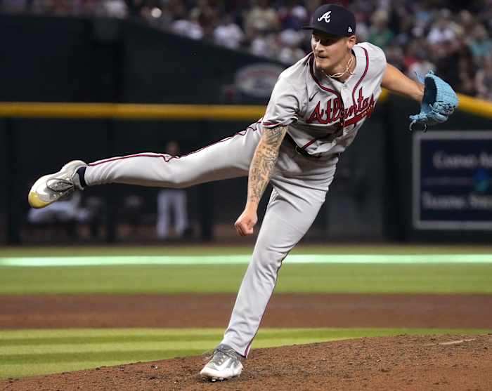 Atlanta Braves pitcher AJ Smith-Shawver (62) makes his MLB debut against the Arizona Diamondbacks on June 4, 2023, at Chase Field in Phoenix.