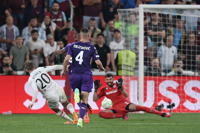 Jarrod Bowen pictured (left) scoring the goal that won the 2023 UEFA Europa Conference League final for West Ham United against Fiorentina