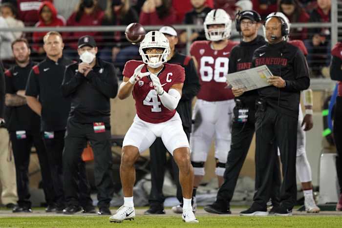 Nov 27, 2021; Stanford, California, USA; Stanford Cardinal wide receiver Michael Wilson (4) catches a pass during the second quarter against the Notre Dame Fighting Irish at Stanford Stadium. Mandatory Credit: Darren Yamashita-USA TODAY Sports